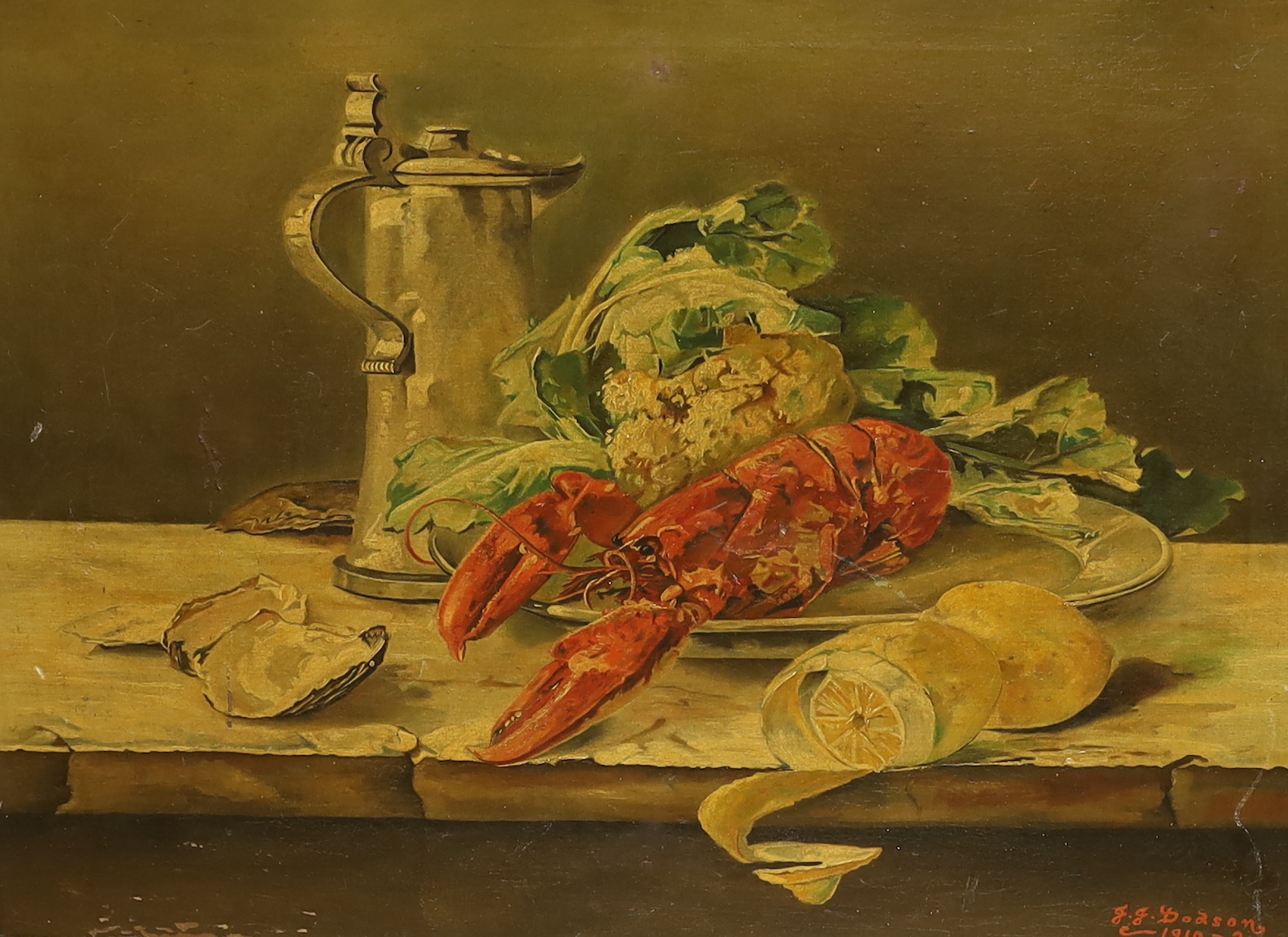 J.J. Dodgson, oil on canvas, Still life of lobsters and vessels, signed and dated 1910, ornate gilt framed, 44 x 59cm